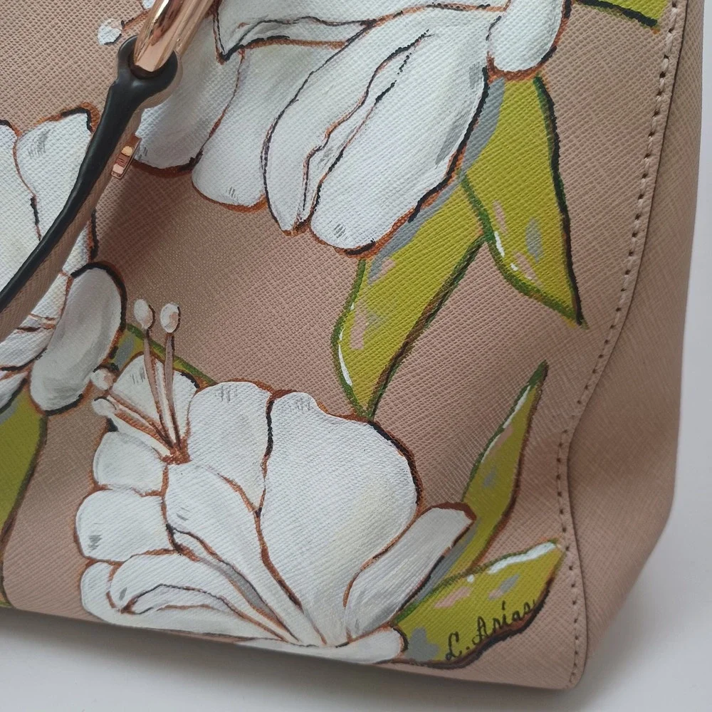 Michael Kors Cynthia Tote Neutral Tan Saffiano Leather Hand Painted Floral Bag